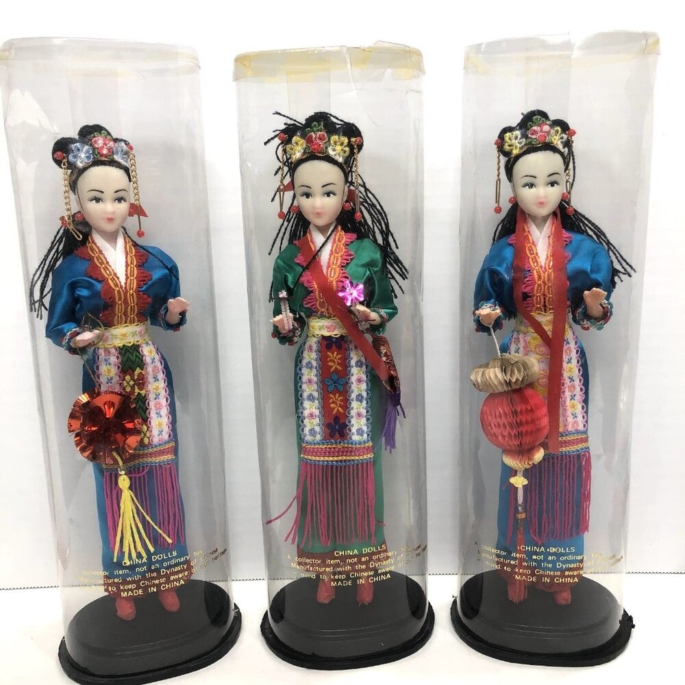 Vintage Chinese Doll Lot 11" Green Blue Dress Dynasty Collection in Case